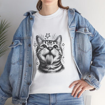 Lifestyle mockup of a woman wearing the white funny cat T-shirt with a tongue-out cat illustration