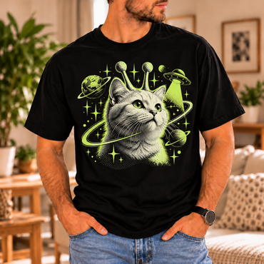 Close-up of the cosmic cat galaxy print with lime-green planets and stars