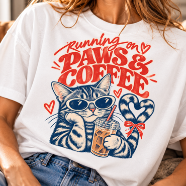 Close-up of colorful Paws & Coffee graphic with cats, coffee cups, red hearts, and retro lettering