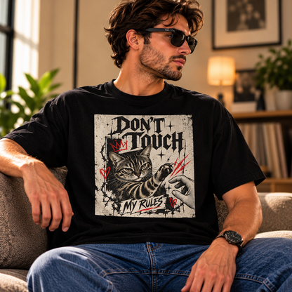 Cat lover graphic T-shirt with raised-paw cat artwork and punk grunge details