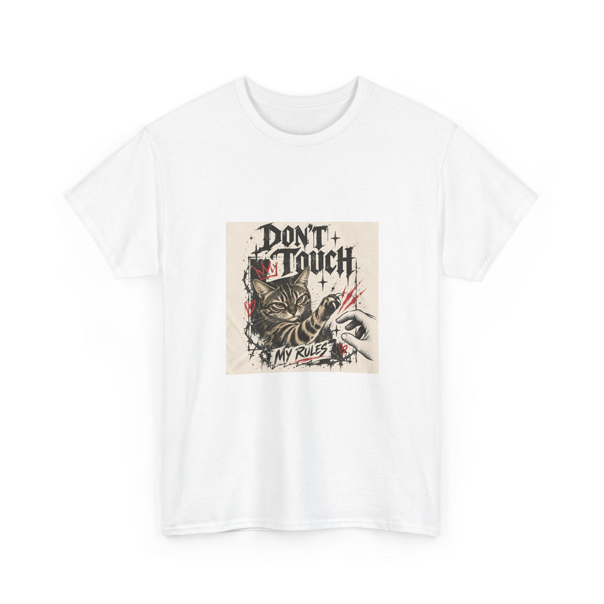 Unisex T-shirt color and fit preview for the Don't Touch My Rulez cat graphic