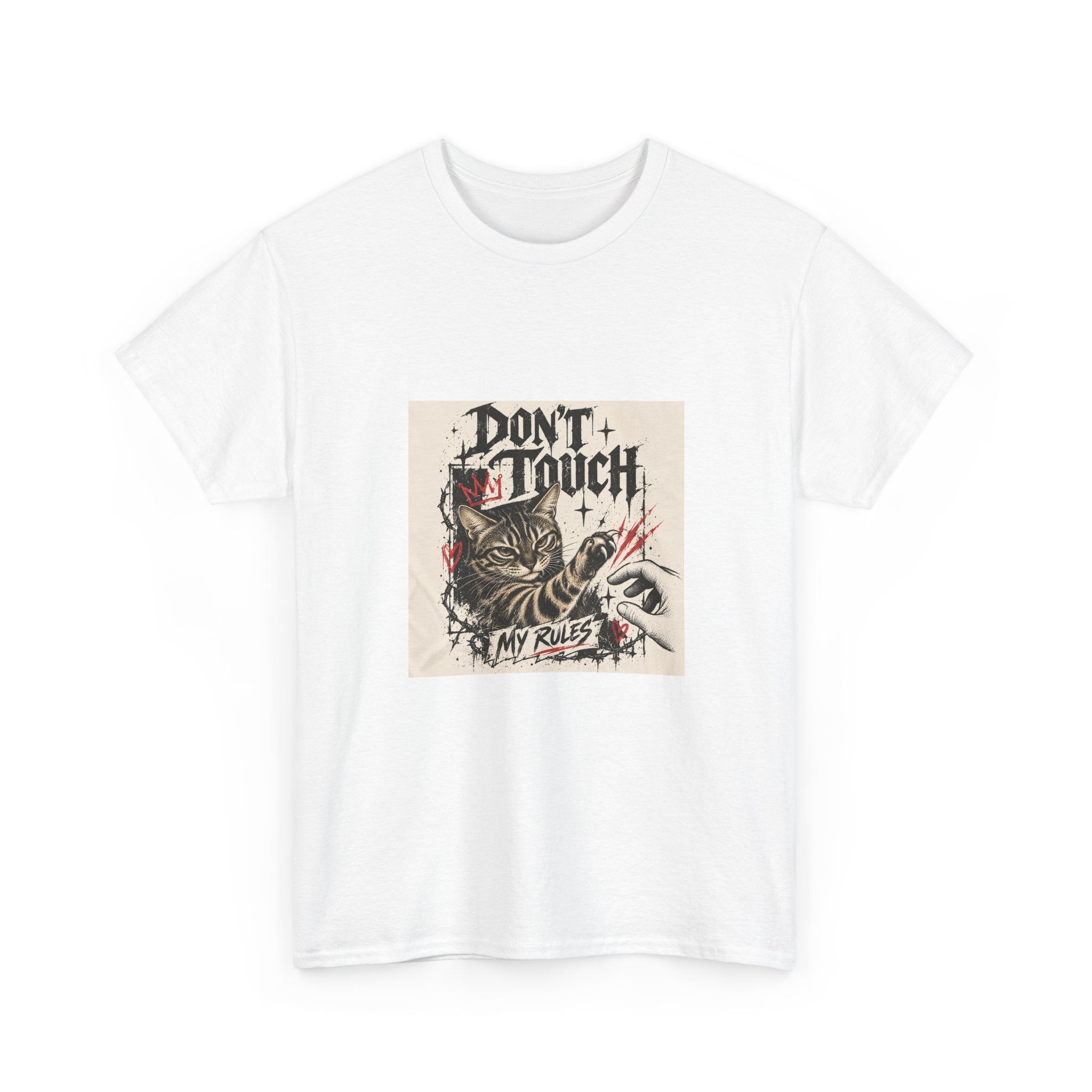 Unisex T-shirt color and fit preview for the Don't Touch My Rulez cat graphic