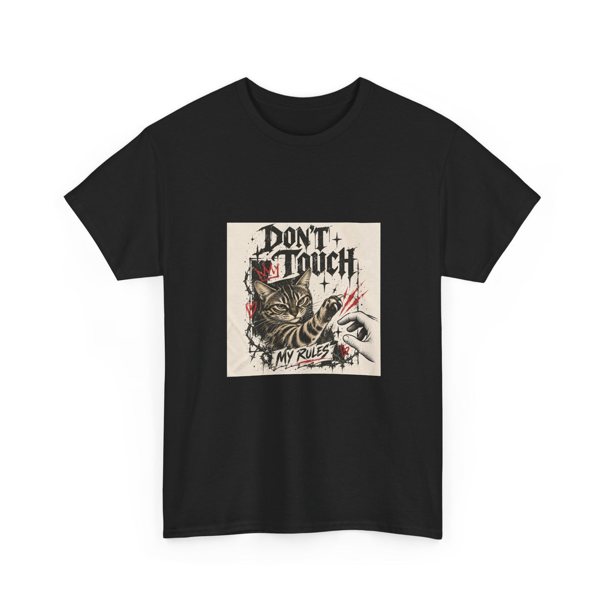 Gildan 5000 T-shirt product mockup for the Don't Touch My Rulez cat design