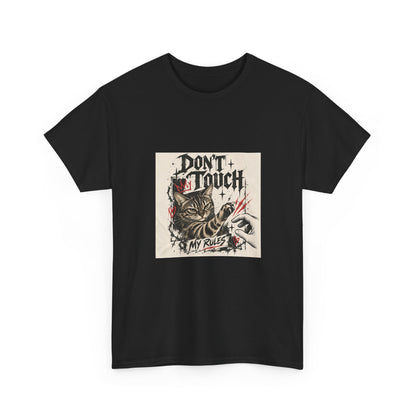 Gildan 5000 T-shirt product mockup for the Don't Touch My Rulez cat design