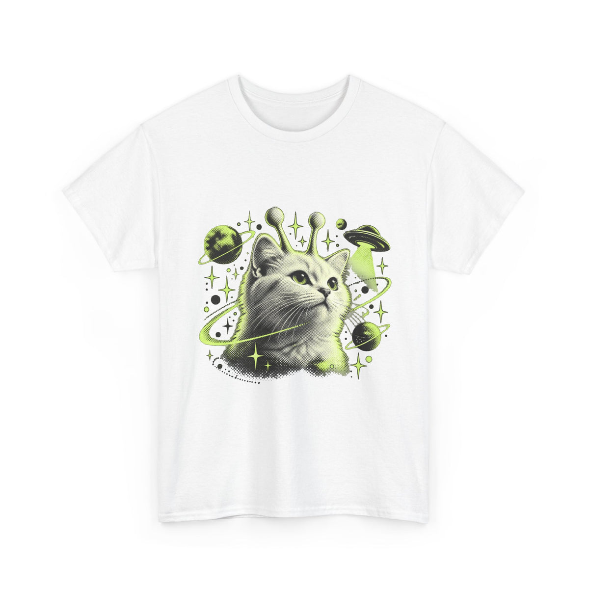 Cosmic cat T-shirt with lime-green planetary artwork product view