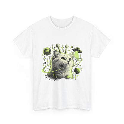 Cosmic cat T-shirt with lime-green planetary artwork product view
