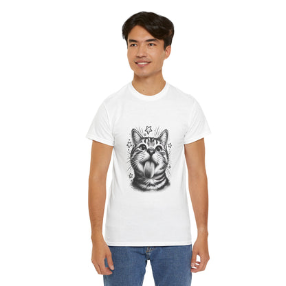 Funny cat portrait tee with star details, shown on a white shirt