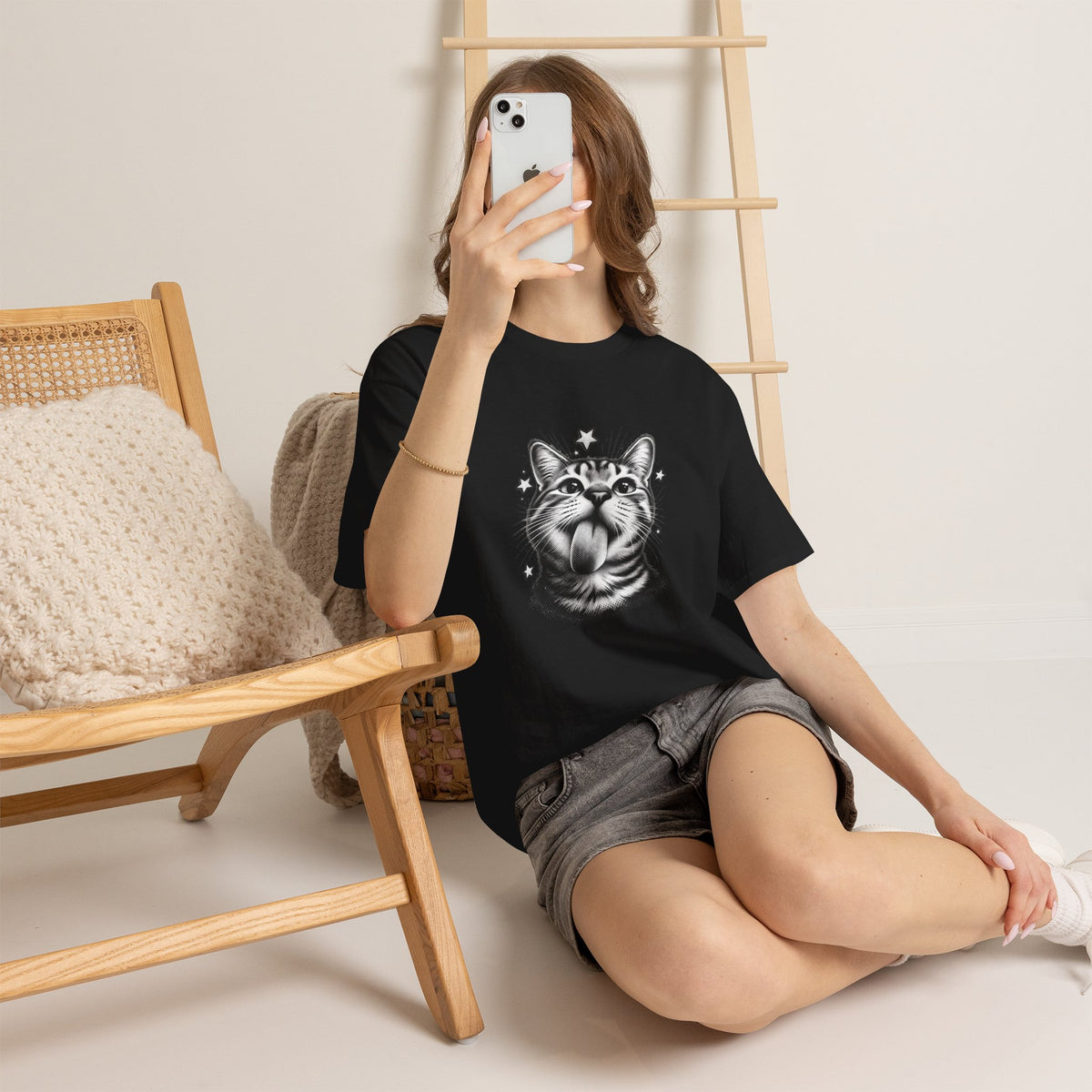 White cat graphic tee with a black-and-white cat portrait and star accents