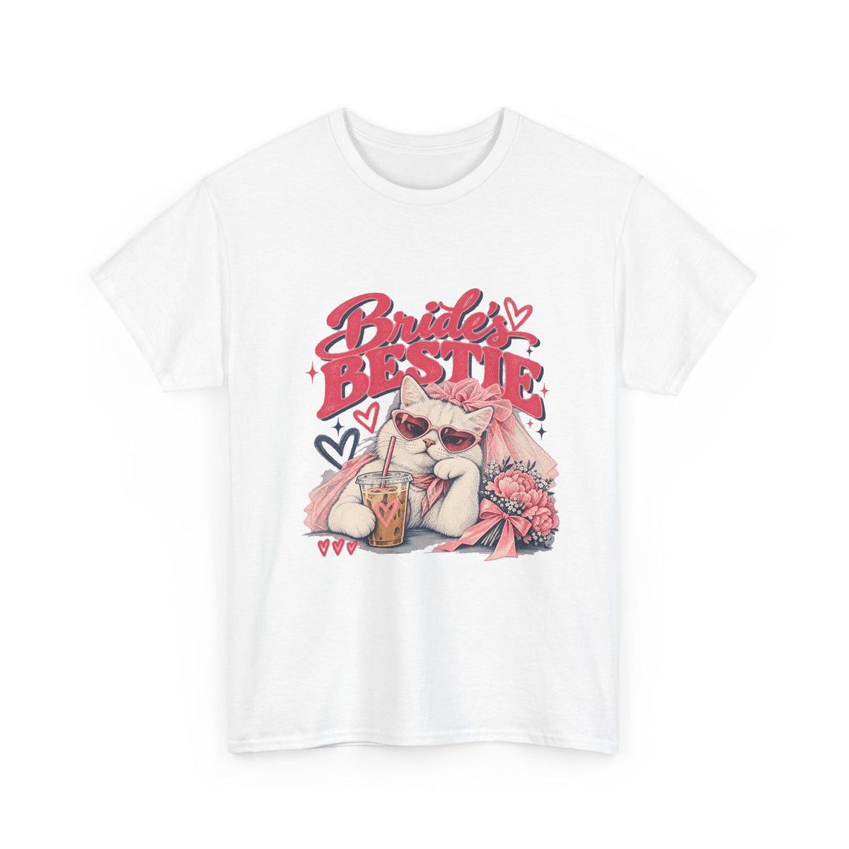 White Bride’s Bestie graphic tee featuring a fashionable cat and pink flowers