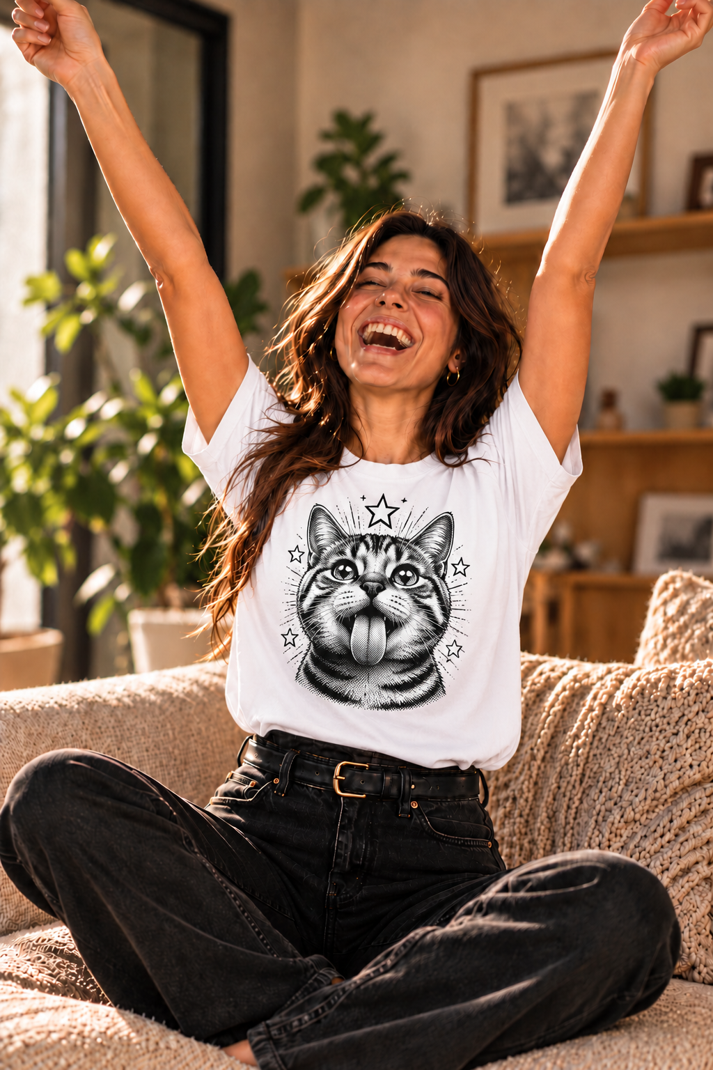 White funny cat graphic T-shirt featuring a black-and-white cat sticking out its tongue with small stars