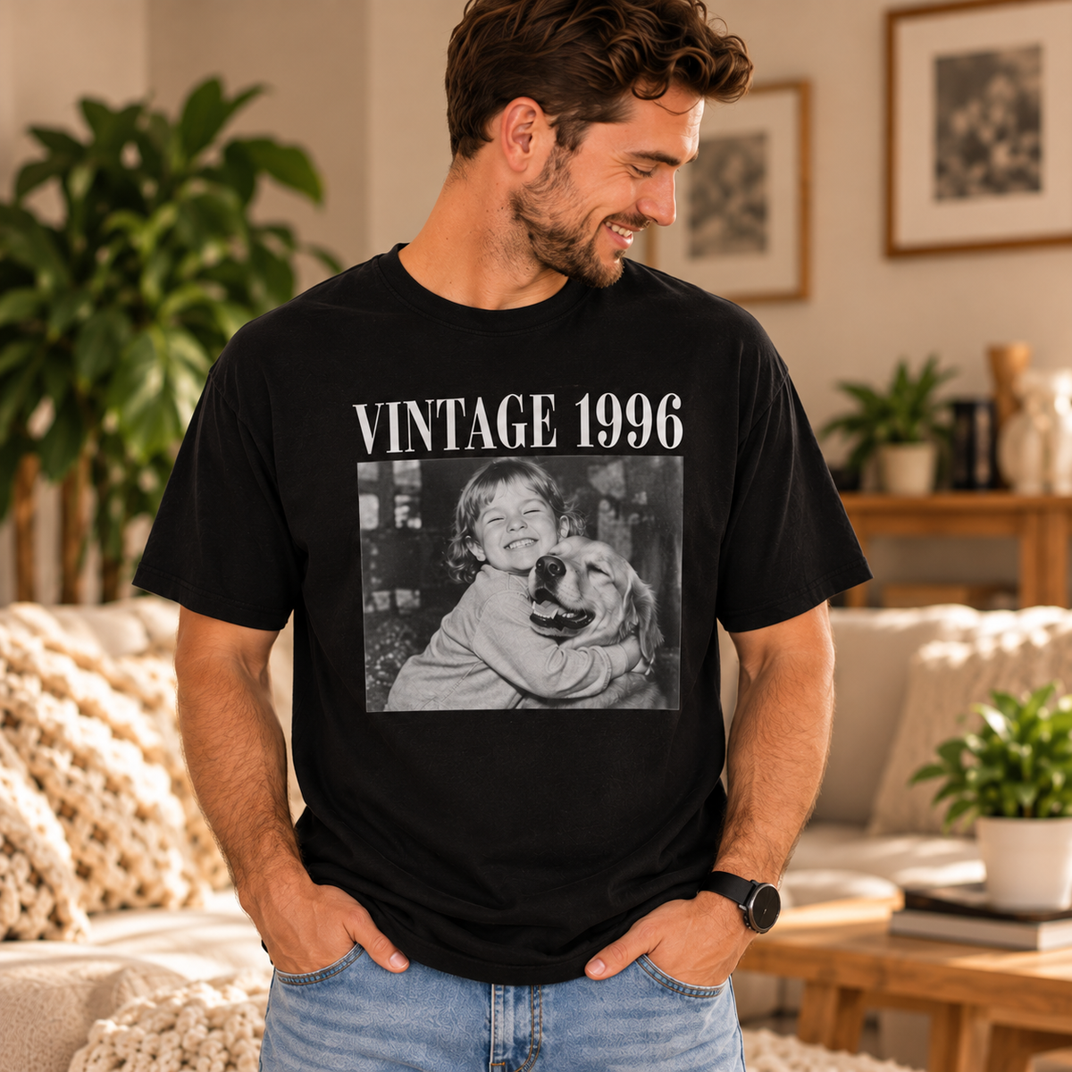Lifestyle mockup of a personalized memory photo T-shirt