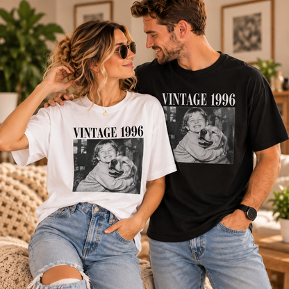 Custom vintage photo T-shirt mockup for personalized family or childhood memories