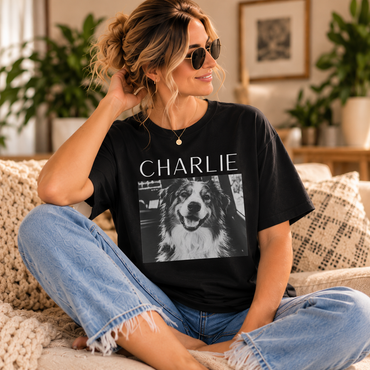 Custom black-and-white pet photo T-shirt personalized with a pet’s name