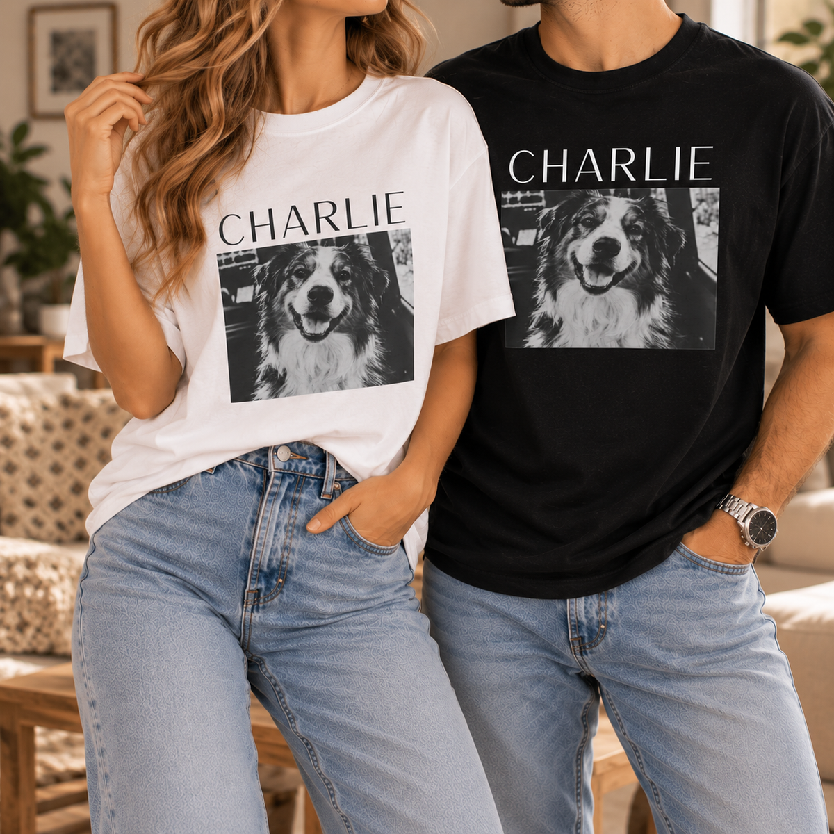 Custom pet photo T-shirt with black-and-white portrait design