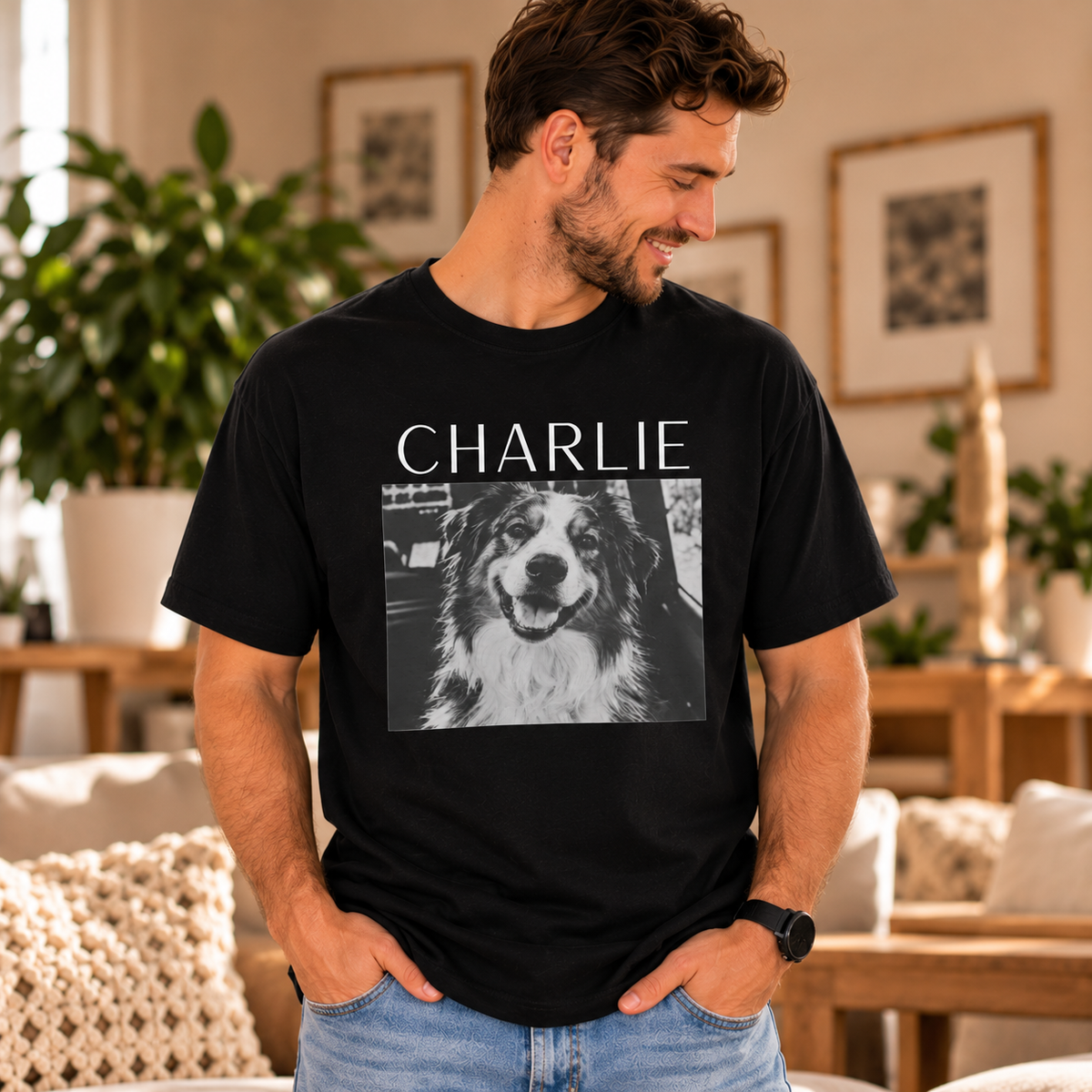 Personalized black-and-white pet portrait shirt with name