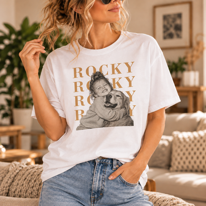 Custom pet photo T-shirt personalized with a dog or cat's name