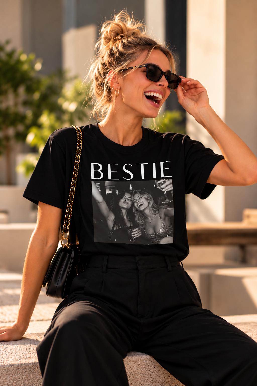 White T-shirt mockup featuring a custom black-and-white best friend photo print