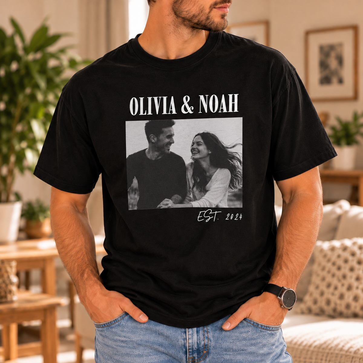 Custom love T-shirt featuring a couple photo and their names