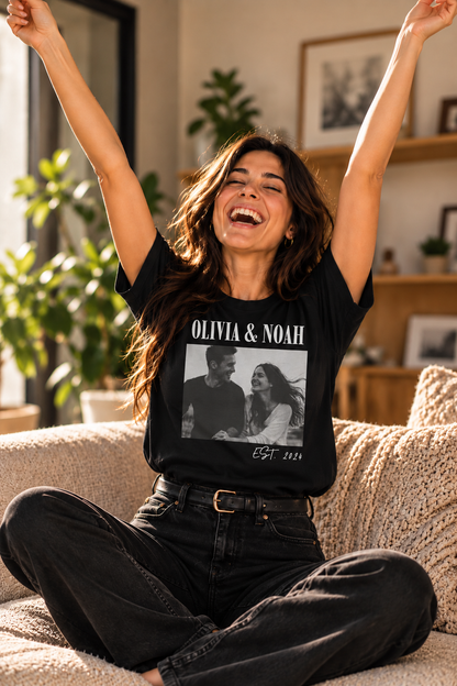 Personalized couple photo T-shirt with names and special date