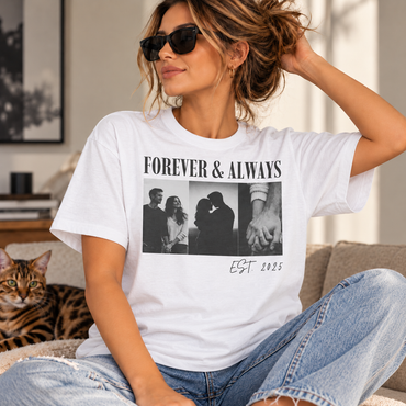 Custom romantic T-shirt featuring a couple photo and personal message