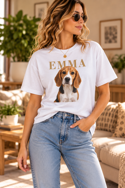 Custom pet portrait T-shirt gift featuring a photo and text
