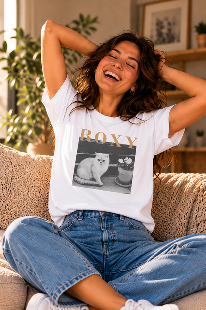 Custom pet photo T-shirt mockup with personalized dog or cat portrait