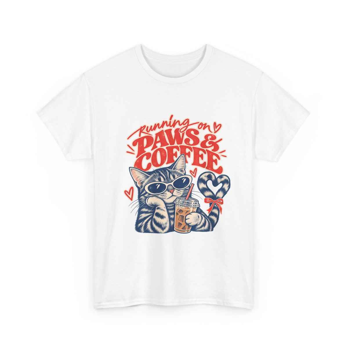White cat and coffee lover T-shirt showing the Running on Paws & Coffee design