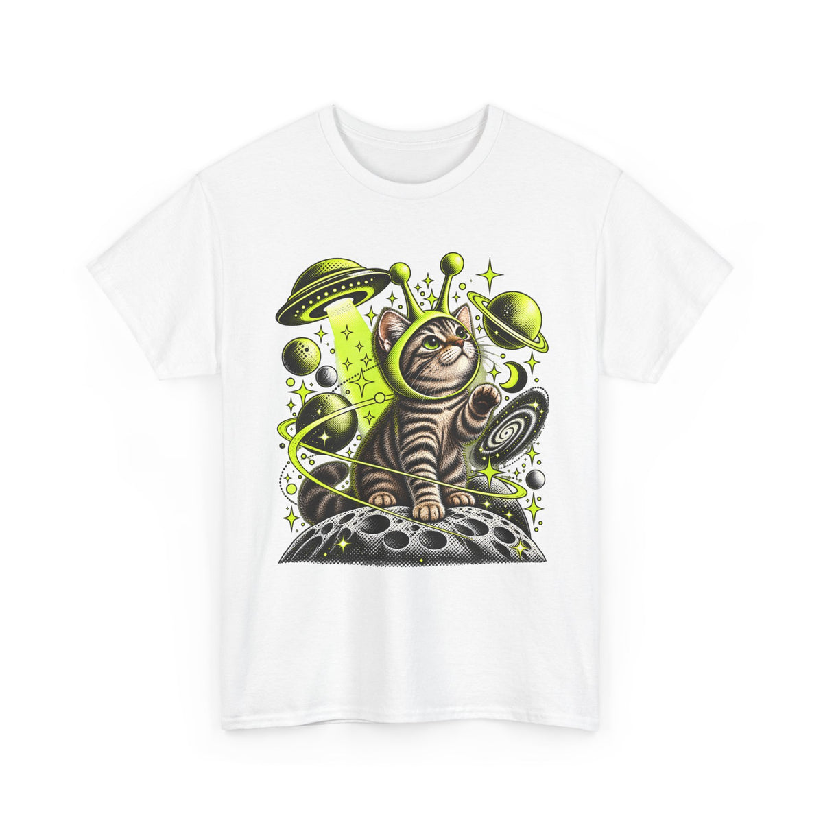 Cosmic cat on the moon graphic T-shirt with lime-green space details