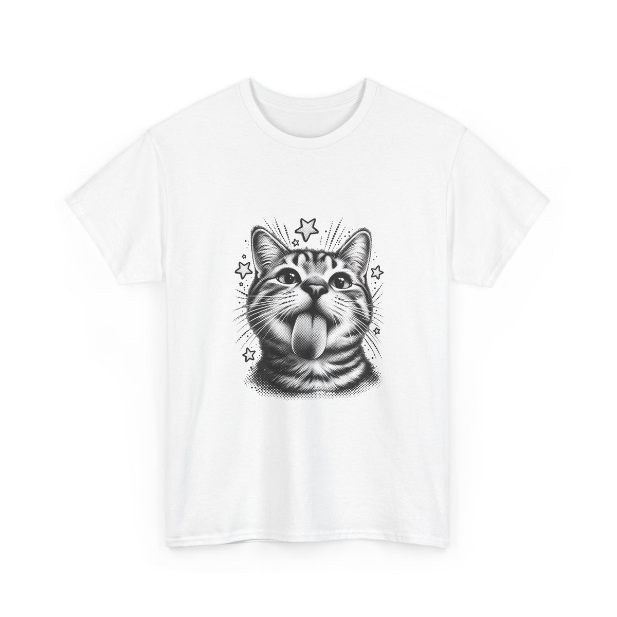 Close-up view of the black-and-white funny cat print on a white graphic T-shirt