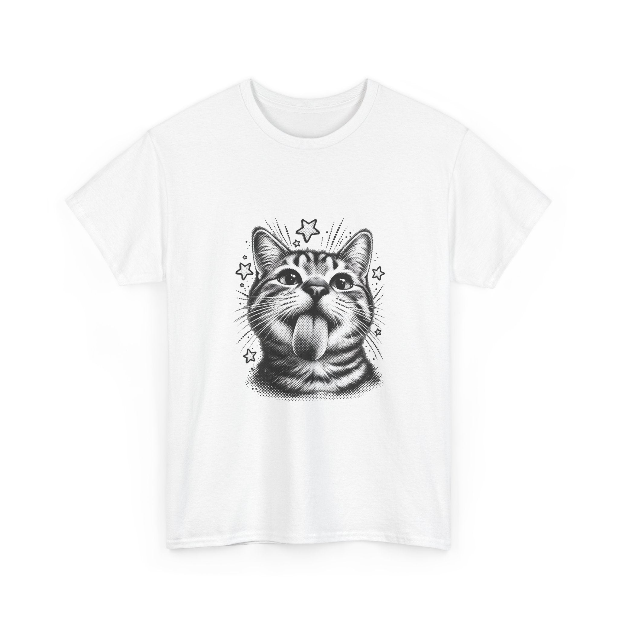 Close-up view of the black-and-white funny cat print on a white graphic T-shirt