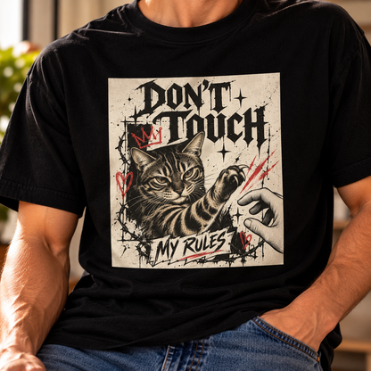 Don't Touch My Rulez graphic tee showing the distressed cat design