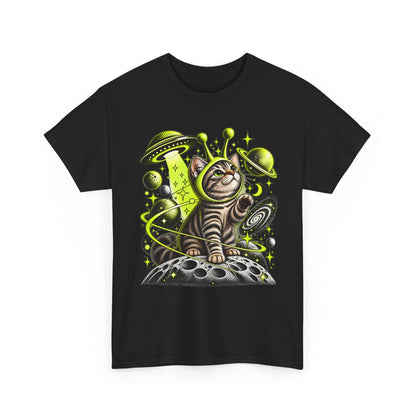 Cosmic cat UFO T-shirt product view with retro space illustration