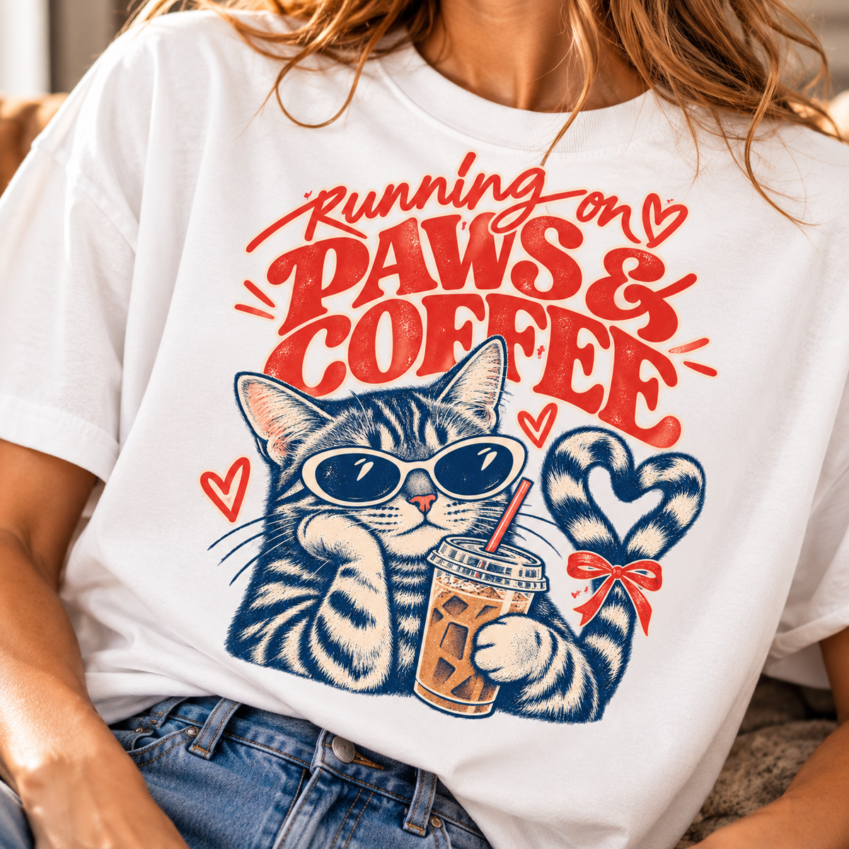 Close-up of colorful Paws & Coffee graphic with cats, coffee cups, red hearts, and retro lettering
