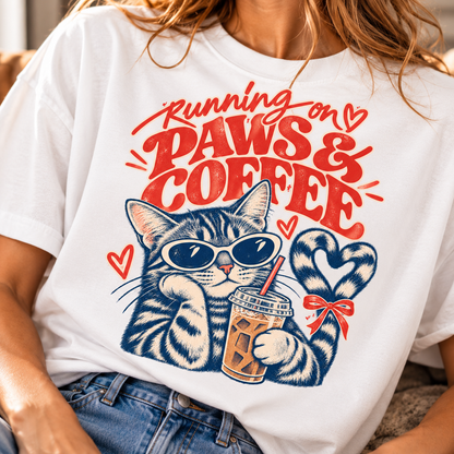 Close-up of colorful Paws & Coffee graphic with cats, coffee cups, red hearts, and retro lettering