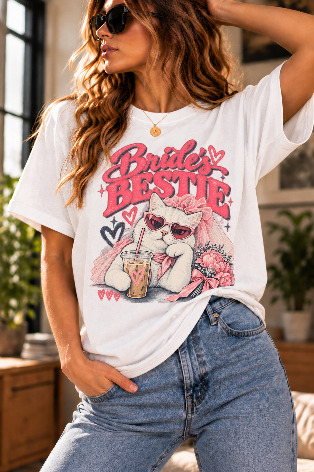 White Bride’s Bestie T-shirt with a pink cat wearing sunglasses, holding an iced drink, and surrounded by flowers
