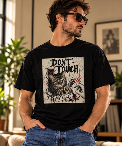 Man wearing Don't Touch My Rulez cat graphic tee with a bold distressed cat print