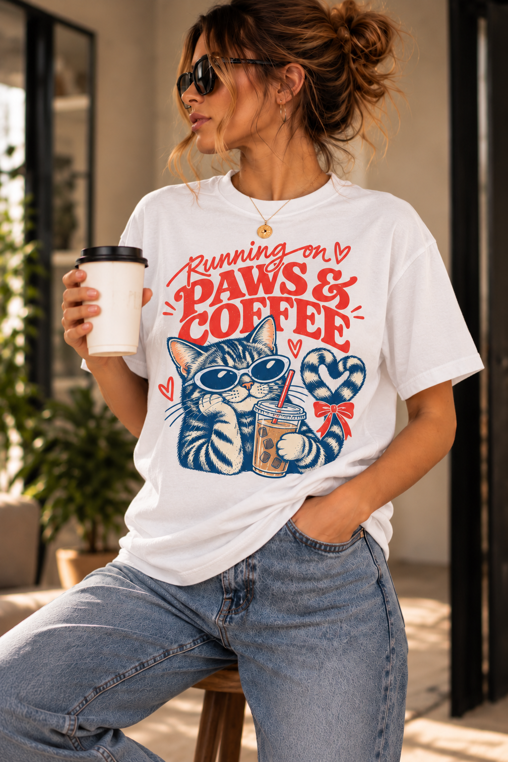 White Running on Paws & Coffee cat graphic T-shirt with two cats wearing sunglasses and coffee drinks