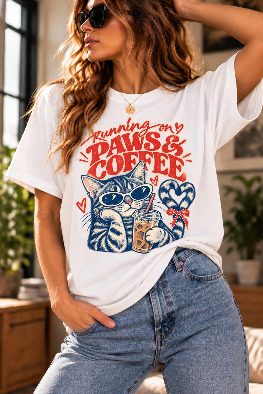 Lifestyle mockup of the white Paws & Coffee cat T-shirt with playful retro cat artwork