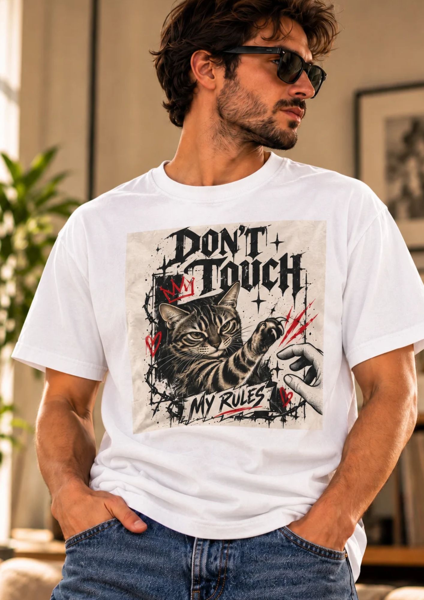 Don't Touch My Rulez cat graphic T-shirt with distressed black and red comic-style cat artwork