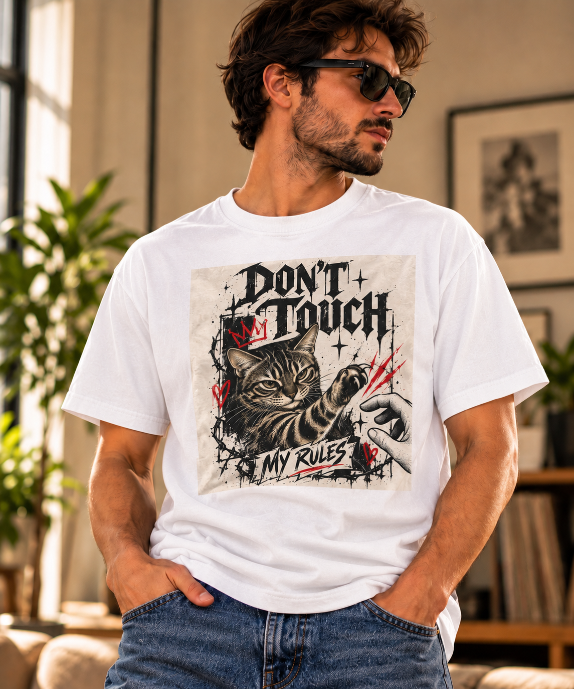 Close-up view of the Don't Touch My Rulez cat graphic print with red accents